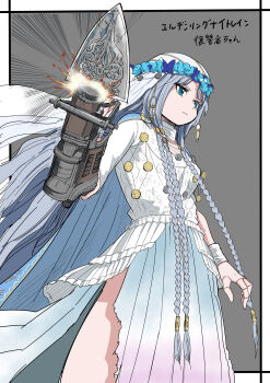 1girl absurdres bloodborne blue_eyes blue_flower border braid closed_mouth company_connection dress elden_ring elden_ring_nightreign floating_hair flower grey_background grey_hair head_wreath highres long_hair miya_zirou outside_border revenant_(elden_ring) solo torn_clothes torn_dress translation_request veil weapon white_border white_dress