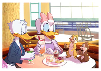 1girl 3boys bow chip_(disney) couple daisy_duck dale_(disney) dessert donald_duck duck_boy duck_girl food furry furry_female furry_male furry_with_furry hetero looking_at_another mickey_mouse_&amp;_friends multiple_boys open_mouth ponytail shirt short_ponytail smile takatmaorange