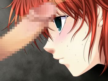 1girl blush censored game_cg in&#039;youchuu in&#039;youchuu_shoku penis shiratori_takeru simple_background sweat tears