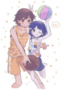 2boys arms_up artist_name ball basketball_(object) black_eyes blush bright_pupils brown_hair character_name checkered_clothes collarbone commentary_request dark-skinned_male dark_skin double-parted_bangs dual_persona grin hair_between_eyes highres holding holding_ball kel_(faraway)_(omori) kel_(headspace)_(omori) kel_(omori) looking_at_viewer male_focus multiple_boys omori one_eye_closed open_mouth orange_shorts purple_eyes purple_hair ran011681 short_hair shorts simple_background smile tank_top teeth twitter_username v white_background white_pupils