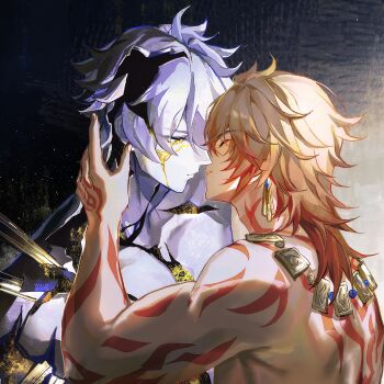 Rule 34 | 2boys, absurdres, antenna hair, arm tattoo, back tattoo, black choker, blonde hair, blood, blue gem, braid, chinese commentary, choker, closed eyes, commentary request, cracked skin, facial tattoo, from side, gem, gold necklace, gold trim, gradient hair, hand tattoo, highres, honkai: star rail, honkai (series), imminent kiss, jewelry, male focus, material growth, medium hair, multicolored hair, multiple boys, mydei (honkai: star rail), necklace, phainon (honkai: star rail), phainon (khaslana) (honkai: star rail), profile, qiaose33912, red hair, red tattoo, short hair, side braid, tattoo, topless male, white hair, yaoi, yellow blood, yellow eyes