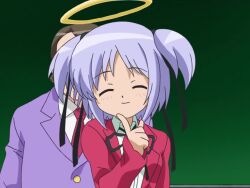 1girl animated anime_screenshot ass audible_speech bokusatsu_tenshi_dokuro-chan breasts classroom close-up closed_eyes english_audio female_focus green_eyes hair_ribbon halo hands_on_own_hips index_finger_raised large_breasts legs looking_at_viewer mitsukai_dokuro modeling multiple_views open_mouth purple_hair ribbon school_uniform skirt smile sound tagme talking thighs turnaround twintails video