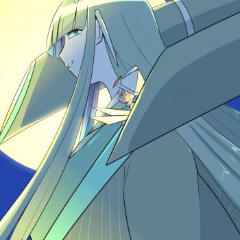 1boy 1girl age_difference bamboo blunt_bangs celesteela commentary full_moon gen_7_pokemon giant giantess green_hair hat hinotake_kaguya_(kasugai_(de-tteiu)) jingasa kartana kasugai_(de-tteiu) kenzan_(kasugai_(de-tteiu)) mini_person miniboy moon nintendo onee-shota person_on_shoulder personification pokemon ultra_beast white_hair white_hat