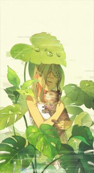 1girl absurdres animal animal_hug animal_skeleton bare_arms bare_shoulders braid braided_bangs brown_hair cat closed_eyes closed_mouth collarbone commentary_request dress fujiwara_mizuki grey_background highres leaf original sleeveless sleeveless_dress solo translation_request water_drop white_dress x-ray