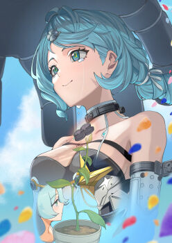 1girl 1other absurdres bare_shoulders bassan7 blue_eyes blue_hair blue_sky blush collar crying detached_sleeves falling_petals flashback flower flower_hairpin flower_pot formal_clothes from_side hair_ornament hairpin highres humanoid_robot looking_at_another mecha mechanical_arms mole mole_on_shoulder petals plant ponytail potted_plant robot see-through_dress_layer seed_(zenless_zone_zero) sky smile suit tears white_suit zenless_zone_zero