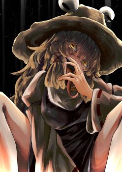 1girl blonde_hair brown_hat dress hair_ribbon hat highres horizontal_pupils horror_(theme) long_tongue moriya_suwako puffy_sleeves purple_dress purple_skirt purple_vest red_ribbon ribbon shirt skirt skirt_set tongue tongue_out touhou turtleneck umaieokakitai vest white_shirt wide_sleeves yellow_eyes