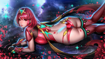 1girl ass bob_cut breasts butt_crack highres honeycomb_(pattern) large_breasts liang_xing looking_at_viewer medium_hair micro_shorts paid_reward_available petals pyra_(xenoblade) red_eyes red_hair shorts signature skindentation solo thighhighs xenoblade_chronicles_(series) xenoblade_chronicles_2