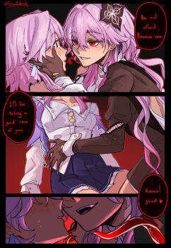 Rule 34 | 2girls, absurdres, black gloves, blue eyes, blue skirt, blush, cesar zebrah, commentary, dual persona, earrings, english commentary, english text, evernight (honkai: star rail), gloves, hand in another's hair, highres, honkai: star rail, honkai (series), jewelry, long hair, long sleeves, march 7th (honkai: star rail), march 7th (preservation) (honkai: star rail), multiple girls, open mouth, parted lips, pink hair, pleated skirt, red eyes, selfcest, shirt, skirt, smile, speech bubble, sweat, white shirt, yuri