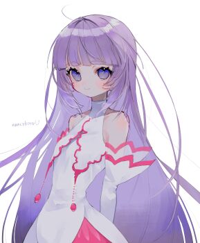 Rule 34 | 1girl, absurdres, alternate costume, alternate hairstyle, artist name, bare shoulders, blunt bangs, blush, closed mouth, commentary request, dress, frilled gloves, frills, gloves, halter dress, halterneck, highres, long hair, looking at viewer, nancykittyu, purple eyes, purple hair, simple background, sleeveless, sleeveless dress, smile, solo, sophie (tales), tales of (series), tales of graces, white background, white dress, white gloves