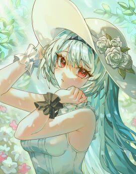 Rule 34 | 1girl, absurdres, armlet, blue hair, blush, branch, breasts, commentary, commentary request, dress, flower, frills, garden, hair between eyes, hair ornament, hairband, hat, hat ornament, highres, holding, holding own hair, jewelry, leaf, long hair, looking at viewer, medium breasts, non-web source, original, pink flower, portrait, red eyes, shiny skin, standing, sun hat, sunlight, svuirlithii, upper body, wavy hair, white dress, white flower, white hat