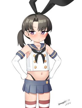 1girl absurdres black_hair black_hairband black_neckerchief black_panties blue_sailor_collar blue_skirt breasts commentary_request cosplay crop_top dated elbow_gloves gloves hairband hands_on_own_hips highleg highleg_panties highres kantai_collection low_twintails maru_(marg0613) medium_breasts microskirt miniskirt navel neckerchief one-hour_drawing_challenge panties pleated_skirt purple_eyes sailor_collar shimakaze_(kancolle) shimakaze_(kancolle)_(cosplay) shirt shounan_(kancolle) simple_background skirt sleeveless sleeveless_shirt solo striped_clothes striped_thighhighs thighhighs twintails twitter_username underwear white_background white_gloves