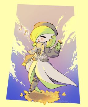 beret closed_eyes clothed_pokemon colored_skin dress gardevoir gen_3_pokemon green_hair green_skin hair_over_one_eye hat leg_warmers multicolored_skin musical_note nintendo open_mouth pokemon pokemon_(creature) scarf signature smile sok_(mr14_c) two-tone_skin white_dress white_skin