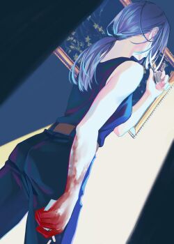 1girl bare_shoulders belt black_pantyhose black_tank_top blood blood_on_hands blue_hair blurry blurry_foreground breasts chainsaw_man cigarette cowboy_shot facing_away from_below gusamo highres holding holding_cigarette holding_lighter lighter lighting_cigarette long_hair low_ponytail medium_breasts pantyhose picture_frame ponytail quanxi_(chainsaw_man) solo tank_top upper_body