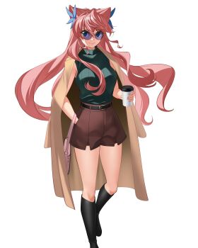 1girl absurdres breasts brown_coat coat coffee cup drink hair_between_eyes hair_ornament highres large_breasts long_hair looking_at_viewer maria_cadenzavna_eve nyanmaru pink_hair senki_zesshou_symphogear simple_background smile solo very_long_hair