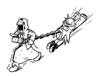 1girl 1other ambiguous_gender arknights coat comedic_sweatdrop doctor_(arknights) dress full_body greyscale hood hooded_coat long_sleeves lying mon3tr_(arknights) monochrome on_stomach open_clothes open_coat resisting rihi_ewokakune sleeves_past_fingers sleeves_past_wrists sweat walking