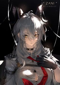 1girl adjusting_clothes adjusting_necktie arm_pouch artist_name black_background black_choker black_gloves black_horns black_jacket breasts button_gap character_name chest_harness choker closed_mouth clothes_grab collared_shirt commentary curled_horns english_commentary gloves harness highres horns jacket jacket_on_shoulders large_breasts lewdlily66 long_hair looking_at_viewer necktie pouch red_necktie shirt solo upper_body white_hair white_shirt wuthering_waves yellow_eyes zani_(wuthering_waves)