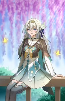 1girl absurdres black_hairband black_jacket bug butterfly commentary_request dress firefly_(honkai:_star_rail) gradient_hair green_dress green_hair green_thighhighs grey_hair hair_between_eyes hair_ornament hairband highres honkai:_star_rail honkai_(series) insect jacket long_hair long_sleeves multicolored_hair neckerchief orange_neckerchief parted_lips pink_eyes shahua_wuyao solo thighhighs wide_sleeves yellow_butterfly