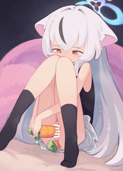 1girl absurdres anal anal_object_insertion animal_ears bar_censor bilingual_commentary black_dress black_hair black_socks blue_archive blue_halo cat_ears cat_girl censored commentary dress english_commentary female_masturbation food food_insertion grey_hair halo highres kanbaki knees_up kokona_(blue_archive) loli long_hair masturbation mixed-language_commentary multicolored_hair no_shoes object_insertion orange_eyes pussy sitting sleeveless sleeveless_dress socks solo streaked_hair vaginal vaginal_object_insertion