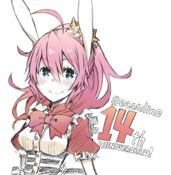 1girl ahoge animal_ears anniversary apron blue_eyes crown dress emil_chronicle_online frilled_apron frills hashtag minnie_doe_alma neck_ribbon pink_hair pink_ribbon ponytail rabbit_ears rabbit_girl red_dress ribbon sasakamakue smile solo upper_body white_apron white_background