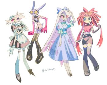 2boys 2girls :o angel_dust angel_dust_(cosplay) apron arm_up arms_at_sides back_bow black_boots black_bow black_bowtie black_dress black_eyes black_gloves black_sclera black_shoes black_skirt black_thighhighs boots bow bowtie breasts buttons clenched_hand clenched_teeth closed_mouth collared_dress collared_shirt colored_sclera colored_skin colored_teeth commentary cosplay crossdressing crossdressing_(mtf) dress elbow_gloves extra_arms eyeshadow facial_mark fewer_digits finger_to_cheek fingerless_gloves footwear_bow frilled_apron frilled_sleeves frills furry furry_male gloves grey_skin hair_bow hair_over_one_eye hand_on_own_arm hazbin_hotel headdress hellaverse jax_(the_amazing_digital_circus) jax_(the_amazing_digital_circus)_(cosplay) knees_together_feet_apart long_dress long_hair looking_back maid maid_apron maid_headdress makeup mary_janes medium_hair miniskirt mismatched_sclera multiple_boys multiple_girls one_eye_covered parted_lips pencil_skirt petticoat pink_eyes pink_eyeshadow pink_sclera pink_shirt puffy_short_sleeves puffy_sleeves purple_bow purple_skin purple_tail rabbit_boy rabbit_tail ragatha_(the_amazing_digital_circus) ragatha_(the_amazing_digital_circus)_(cosplay) red_bow red_hair red_shirt sharp_teeth shirt shirt_tucked_in shoes short_sleeves sideways_glance simple_background skirt small_breasts standing standing_on_one_leg striped_clothes striped_shirt sweatdrop symbol-only_commentary tail teeth the_amazing_digital_circus thigh_boots thighhighs traditional_bowtie twitter_username two-tone_shirt v-shaped_eyebrows vaggie vaggie_(cosplay) very_long_hair waist_apron white_apron white_background white_bow white_fur white_hair white_headdress white_shirt white_thighhighs wktmqtj wristband yellow_sclera yellow_teeth zettai_ryouiki