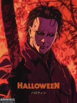 Rule 34 | 1boy, black hair, blue jumpsuit, copyright name, gloves, halloween (movie), holding, holding knife, human leather, jumpsuit, kiritokcc, knife, leaf, looking at viewer, mask, michael myers, red eyes, short hair, solo, title, tree, weapon