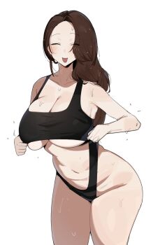 black_swim_trunks breasts brown_hair closed_eyes curvy dr_octojuice large_breasts long_hair mature_female plump smile swimsuit wet wet_clothes