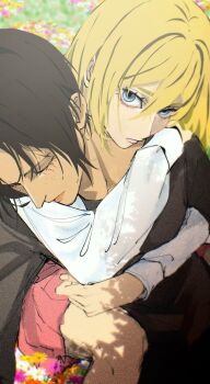 Rule 34 | 2girls, 35ohama yu, arm around neck, blonde hair, blue eyes, brown hair, closed eyes, commentary request, facial mark, freckles, grey shirt, hair between eyes, highres, hug, hug from behind, krista lenz, long hair, meadow, multiple girls, pink skirt, shingeki no kyojin, shirt, short hair, sketch, skirt, white shirt, ymir (shingeki no kyojin), yuri