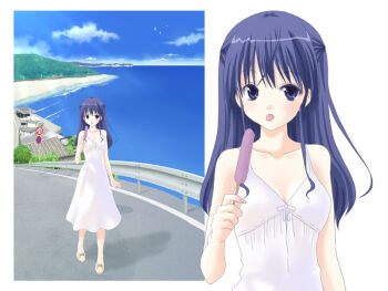 1girl 2000s_(style) arikui1226 blue_eyes blue_hair blue_sky breasts cloud commentary_request dress food full_body house long_hair looking_at_viewer no_parking_sign ocean open_mouth original outdoors popsicle railing road road_sign seaside sign sky small_breasts solo speed_limit_sign standing sundress white_dress
