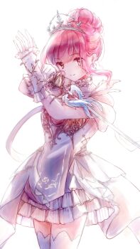 Rule 34 | 1girl, absurdres, armor, bare shoulders, breastplate, brown eyes, closed mouth, clothing cutout, coattails, collar, commentary request, covered collarbone, cowboy shot, detached collar, dot nose, dress, earrings, eyelashes, eyes visible through hair, fighting stance, frilled arm warmers, hair bun, happy, highres, holding, holding sword, holding weapon, infinity nikki, jewelry, light blush, melody bloom (infinity nikki), miniskirt, nikki (nikki), nikki (series), pink hair, pleated dress, pleated skirt, rapier, short dress, short hair with long locks, short sleeves, shoulder cutout, sidelocks, simple background, single hair bun, skirt, skirt under dress, smile, solo, striped clothes, striped skirt, sword, tiara, vertical-striped clothes, vertical-striped skirt, wavy hair, weapon, white arm warmers, white background, white collar, white dress, white skirt, yelusiku06664