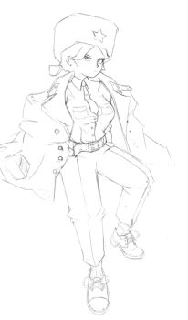 1girl badge belt breasts buttons coat collar copyright_request epaulettes greyscale hair_bun hands_in_pockets hat hhcccp highres insignia large_breasts legs military military_coat military_hat military_uniform monochrome necktie pants russia shoelaces shoes single_hair_bun sketch slavic_clothes socks soldier soviet soviet_army standing star_(symbol) trench_coat undershirt ushanka white_background winter_clothes winter_uniform