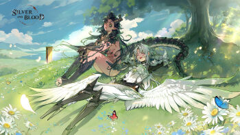 2girls armor arms_behind_head artist_request black_hair blue_butterfly blue_flower bug butterfly character_request check_character closed_eyes cloud commentary english_commentary feathered_wings flower green_eyes grey_hair highres horns insect letitia_(silver_and_blood) long_hair low_wings multiple_girls navel official_art open_mouth pointy_ears red_butterfly scales seraphina_(silver_and_blood) shadow silver_and_blood sitting sky tail toeless_legwear tree white_flower white_wings wings yellow_butterfly