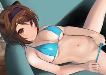 1girl aqua_bikini bare_shoulders bikini bikini_pull breasts brown_eyes brown_hair cleavage cleft_of_venus closed_mouth clothes_pull cone_hair_bun double_bun granblue_fantasy hair_bun halterneck large_breasts looking_at_viewer lying navel on_back p_answer pussy pussy_peek short_hair side-tie_bikini_bottom simple_background smile solo strap_gap swept_bangs swimsuit underboob white_background yaia_(granblue_fantasy)