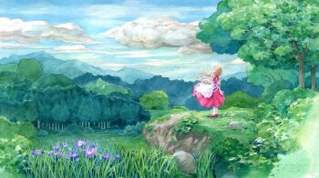 Rule 34 | 1girl, apron, blonde hair, blue sky, clothes lift, cloud, commentary request, day, dress, dress lift, efira, field, flower, forest, grass, iris (flower), landscape, meadow, mountainous horizon, nature, original, outdoors, painting (medium), plant, purple flower, red dress, red shoes, rock, scenery, shoes, sky, solo, standing, traditional media, tree, watercolor (medium), white apron, wide shot, wind, wind lift