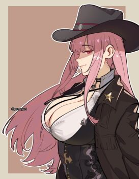 1girl alternate_costume black_choker breasts choker cleavage cowboy cowboy_hat cowboy_western cowgirl_(western) hat hat_ornament highres hololive hololive_english large_breasts long_hair looking_at_viewer mori_calliope mori_calliope_(sheriff) official_alternate_costume pink_eyes pink_hair pomuya red_eyes sheriff_(western) sheriff_badge shirt skull_choker skull_hat_ornament skull_ornament smile solo virtual_youtuber western white_shirt