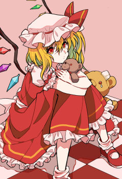 1girl blonde_hair bow checkered_floor commentary_request crystal crystal_wings flandre_scarlet frilled_skirt frills hat highres long_sleeves looking_at_viewer mary_janes mob_cap multicolored_wings neka_(_nekaka_) one_side_up puffy_short_sleeves puffy_sleeves red_bow red_eyes red_shoes red_skirt red_vest shirt shoes short_sleeves sitting skirt skirt_set sleeve_bow socks solo stuffed_animal stuffed_toy teddy_bear touhou vest white_hat white_shirt white_socks wings