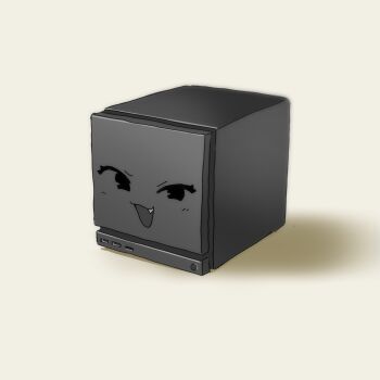 :3 :d commentary computer cube english_commentary fang highres looking_at_viewer mesugaki no_humans open_mouth orenjipiiru push-button shirt simple_background smile steam_(platform) steam_machine usb usb_port_(object) valve_software white_shirt