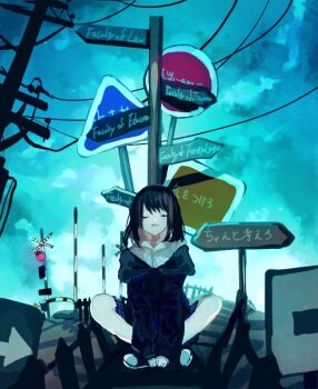 1girl black_hair black_hoodie black_shoes blue_skirt blue_sky closed_eyes cloud commentary_request full_body hood hood_down hoodie open_mouth original power_lines railroad_signal railroad_tracks road_sign shinjitsu_no_kuchi shoes short_hair sign sitting skirt sky smile solo stop_sign utility_pole