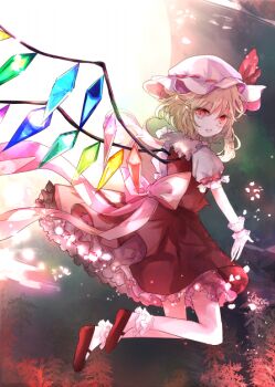 1girl back_bow blonde_hair bow commentary_request crystal crystal_wings flandre_scarlet frilled_skirt frills full_body hat kazu_(muchuukai) long_hair looking_at_viewer mary_janes mob_cap multicolored_wings one_side_up open_mouth puffy_short_sleeves puffy_sleeves red_bow red_eyes red_shoes red_skirt red_vest shirt shoes short_sleeves skirt skirt_set sleeve_bow smile socks solo touhou vest white_bow white_hat white_shirt white_socks wings wrist_cuffs