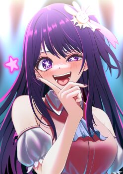 1girl ascot bilingual_commentary blue_ascot blush breasts commentary defaultkavy detached_sleeves hair_ornament hand_on_own_chin hand_up highres holding hoshino_ai long_hair medium_breasts mixed-language_commentary nail_polish one_side_up open_mouth oshi_no_ko pink_shirt purple_eyes purple_hair purple_nails rabbit_hair_ornament shirt sleeveless sleeveless_shirt solo star-shaped_pupils star_(symbol) symbol-shaped_pupils teeth