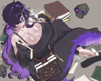 1girl bare_shoulders black_camisole black_cardigan black_hair book breasts camisole cardigan commentary dierelc english_commentary eyelashes glasses goddess_of_victory:_nikke hair_between_eyes hair_over_one_eye highres huge_breasts label_(nikke) long_hair long_sleeves looking_at_viewer messy_hair mole mole_on_breast multicolored_hair off_shoulder parted_lips purple_eyes purple_hair simple_background skull sleeves_past_wrists solo streaked_hair sweat very_long_hair
