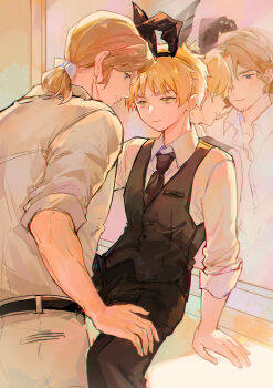2boys absurdres animal_ears axis_powers_hetalia between_legs blonde_hair blue_eyes bow chinese_commentary commentary_request cubed_(houkuaid) facial_hair fake_animal_ears formal_clothes france_(hetalia) goatee_stubble green_eyes hair_bow highres male_focus medium_hair mirror multiple_boys necktie pants ponytail rabbit_ears reflection shirt short_hair sitting smile stubble suit thick_eyebrows united_kingdom_(hetalia) vest yaoi