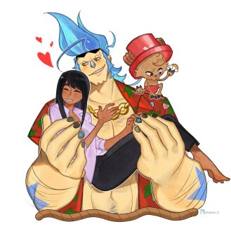 1boy 1girl 2024 2boys arm_tattoo barefoot black_hair blue_hair blunt_bangs carrying carrying_person chain chain_necklace collarbone collared_shirt cyborg dark-skinned_female dark_skin franky_(one_piece) bad_tag happy highres looking_at_another multiple_boys muscular muscular_male necklace nico_robin nico_robin_(alabasta) one_piece princess_carry purple_shirt reisame shirt smile tall_male tattoo tony_tony_chopper