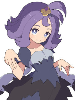 1girl :3 acerola_(pokemon) blue_eyes blush closed_mouth commentary_request dress hair_ornament hiyoshipow looking_at_viewer multicolored_dress nintendo pokemon pokemon_sm purple_eyes purple_hair short_hair short_sleeves simple_background smile solo stitches topknot torn_clothes torn_dress white_background