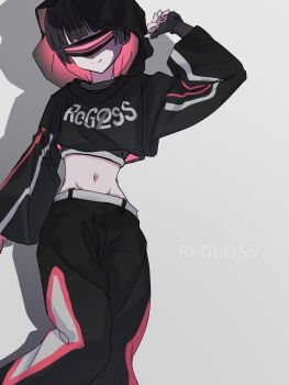 1girl absurdres arm_at_side arm_up baggy_pants black_hair black_hoodie black_pants blunt_bangs bowl_cut closed_mouth clothes_writing commentary_request covered_eyes crop_top cropped cropped_hoodie drop_shadow facing_viewer feet_out_of_frame grey_background groin group_name head-mounted_display highres hololive hololive_dev_is hood hood_up hoodie keren_illust long_sleeves midriff narrow_waist navel pants regloss_backup_dancer_(hololive) short_hair simple_background sleeves_past_wrists smile solo standing two-sided_fabric two-sided_hoodie very_short_hair virtual_youtuber