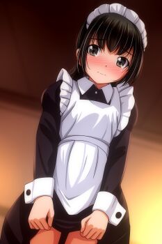 1girl absurdres apron black_dress black_hair blush brown_eyes closed_mouth commentary_request dress highres long_sleeves looking_at_viewer maid maid_headdress matsunaga_kouyou nose_blush original solo white_apron