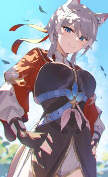 1girl absurdres anima_miko animal_ears blue_eyes cat_ears cipher_(honkai:_star_rail) cosplay crescent crescent_hair_ornament fingerless_gloves gloves grey_hair hair_ornament hands_on_own_hips highres honkai:_star_rail honkai_(series) march_7th_(honkai:_star_rail) march_7th_(honkai:_star_rail)_(cosplay) march_7th_(hunt)_(honkai:_star_rail) short_hair smile wind