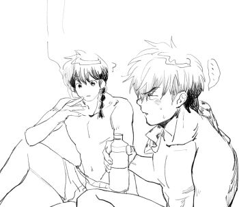 2boys ? braid fang hibiki_ryouga male_focus multiple_boys muscular muscular_male ranma_1/2 saotome_ranma shorts sibelius single_braid smoking topless_male white_background