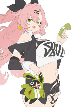 1girl bangboo_(zenless_zone_zero) black_jacket black_ribbon black_shorts breasts cropped_jacket detached_sleeves green_eyes hair_ornament hair_ribbon hairclip highres jacket large_breasts long_hair looking_at_viewer money navel nicole_demara open_mouth pink_hair raijuu_(bakanara) ribbon short_shorts short_sleeves shorts smile solo strapless thighs tube_top two_side_up unfinished white_tube_top zenless_zone_zero