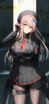 1girl absurdres belt belt_pouch beret bikini bikini_over_clothes black_bikini black_hair black_hat black_jacket black_skirt bow bowtie breasts brown_hair brown_pantyhose buckle closed_mouth commentary cowboy_shot emma_(nikke) fingerless_gloves gloves goddess_of_victory:_nikke hair_bow hair_ornament hana_hebi hat highres jacket large_breasts long_hair long_sleeves looking_at_viewer necktie pantyhose pouch red_necktie red_star red_trim shirt sidelighting skirt smile snap-fit_buckle solo standing star_(symbol) striped_bow swimsuit thigh_pouch thigh_strap utility_belt yellow_eyes