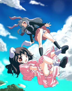 2000s_(style) 2girls :d above_clouds advenchara animal_ears ass black_hair black_jacket black_shoes breasts brown_eyes cloud commentary_request flying frilled_shirt frilled_skirt frills full_body grey_hair inaba_tewi jacket large_breasts loafers long_hair long_sleeves looking_at_viewer medium_hair multiple_girls open_mouth outdoors panties pink_shirt pink_skirt pleated_skirt rabbit_ears rabbit_girl red_eyes reisen_udongein_inaba shirt shoes skirt skirt_set smile socks touhou underwear white_panties white_shirt white_socks